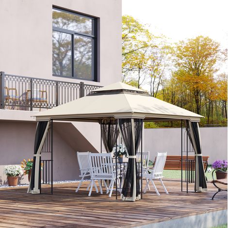 Tonnelle de jardin 299x299 cm à double toit avec 4 parois moustiquaires zippées, structure métal beige (1/5)