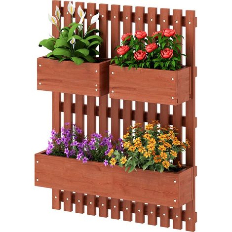 Jardin verticale à lattes avec 3 pots amovibles, en bois de sapin, 60x16x80 cm, brun (1/5)