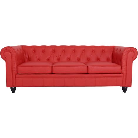 MEUBLER DESIGN Canapé Chesterfield 3 Places - Polyuréthane Rouge - 3 Places Chesterfield, Contreplaqué, Mousse polyether, Rectangulaire, Style Anglais, 207 x 80 x 72 cm (1/5)