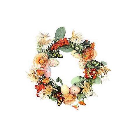 Couronne de Pâques multicolore avec œufs, décoration polyvalente de style champêtre durable sur une base en vigne naturelle, couronne réaliste fabriquée à la main pour l'intérieur (1/5)