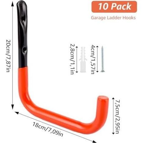 Lot de 8 crochets muraux, 20 x 18,5 cm, pour garage, échelle murale, charges lourdes, charge - (1/4)