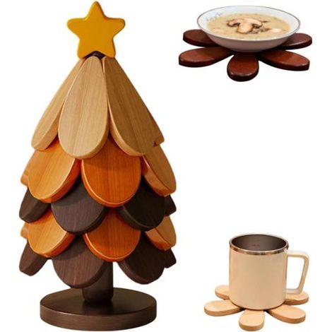 5 pièces sous-plat en bois forme arbre de Noël, pliables, résistants à la chaleur, pour plats chauds, casseroles et bols