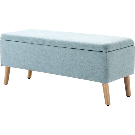 Banc de rangement, banquette capitonnée aspect lin, coffre de rangement avec pieds en bois, banc coffre pour salon, chambre, entrée, 110 x 39 x 45 cm, vert clair