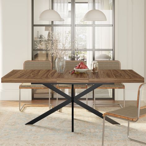 Table à manger extensible 140-180 x 80 cm, 4 à 6 places, avec rangement intégré, pieds croisés en métal, MDF, décor noyer (1/5)