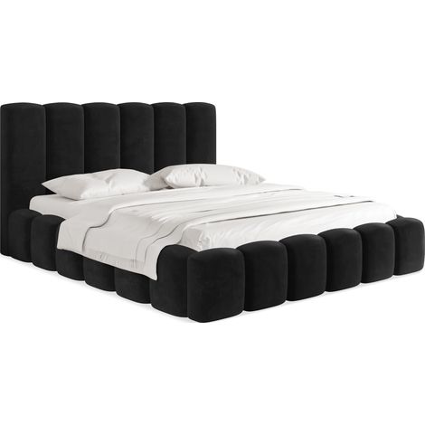 Polsterbett 180x200 mit Bettkasten & Lattenrost – Schwarz Bett hohem Kopfteil, Boucle/Samt - Doppelbett Stauraum – Bettgestell ohne Matratze – Serenity - Schwarz