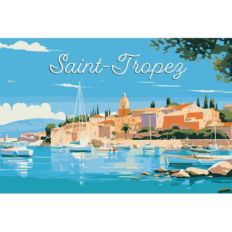 Tableau sur toile illustration port de Saint-Tropez 30x45 cm - Impression sur Toile Murale Décorative - Image imprimée en HD sur Toile - Toile sur Châssis en Bois FSC - Fabriqué en France (1/5)