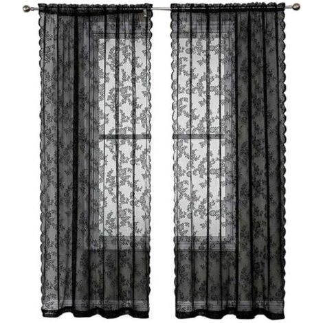 Black Lace Curtains 84 Inch (213cm) - Vintage Rustic Floral Pattern - Black Voile for Living Room - Privacy Goth Style - 2 Panels 40x80 Inch (1/4)