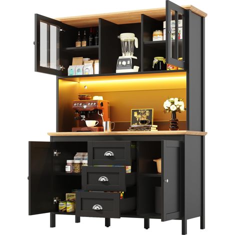 Buffet, armoire de rangement, meuble de cuisine, buffet haut avec éclairage LED, 120 x 40 x 179 cm, 4 portes et 3 tiroirs, blanc/noir (1/5)