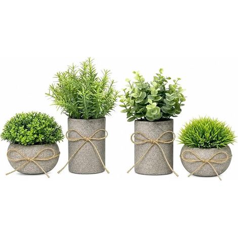4 x Artificial Plants in Molded Cement Effect Paper Pots, 11-19 cm, with Yellow Jute Twine to Tie Yourself Keep Paper Fibre Pots Dry. (1/5)