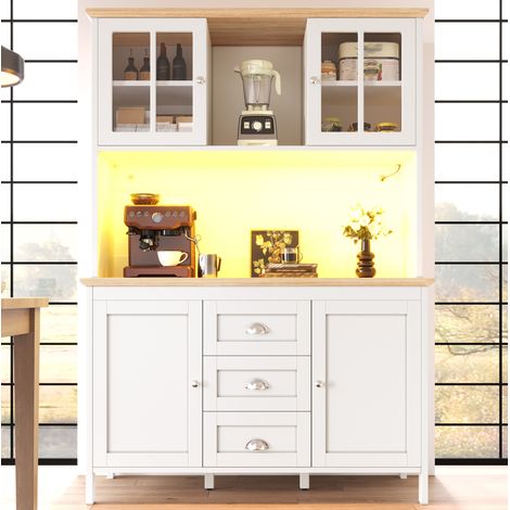 Buffet haut 120x40x179 cm avec LED, 4 portes, 3 tiroirs, blanc, USB DESVIAE (1/5)