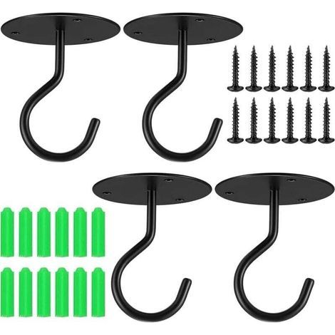 Enowelir - 4 ganci da soffitto resistenti per appendere piante, lanterne e vasi, con viti incluse, colore nero. (1/4)