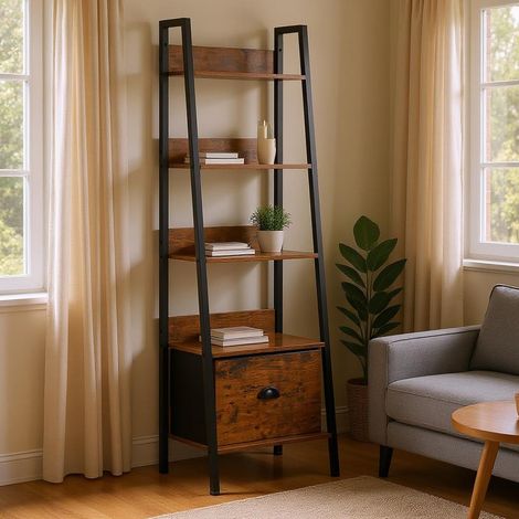 Bibliothèque échelle à 5 Niveaux, 42 x 29 x 141 cm, avec tiroir en Tissu, étagères en Bois de 12 mm et Cadre en métal de 20 mm, paroi arrière de 7,5 cm, étagère élégante pour Salon (1/4)