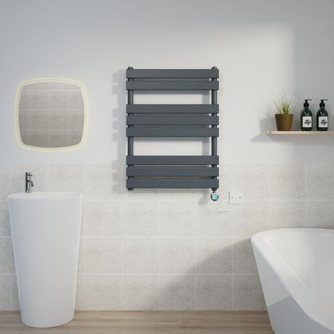 Flat Electric Towel Rail Thermostatic Timer Grey/Chrome 800x600mm
