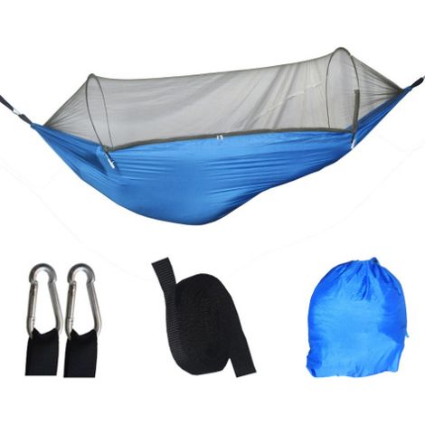 Bleu royal, ouverture rapide, 250 x 120 cm Hamac en nylon anti-basculement, hamac simple ou double d'extérieur, hamac parachute léger pour le camping, hamac en nylon avec moustiquaire (1/5)