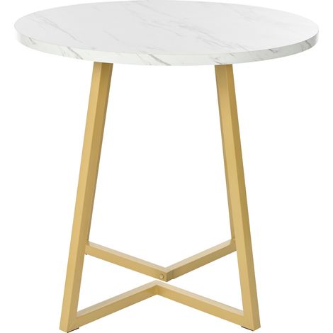Table à manger ronde 80 cm avec plateau MDF effet marbre, piètement métal blanc et or, pour cuisine et salon (1/5)