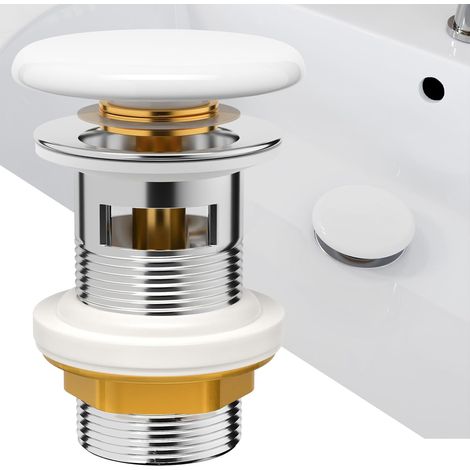 Bonde de Lavabo avec Trop-Plein, Bonde de Lavabo universelle pour lavabo et lavabo, valve pop-up blanche avec couvercle en céramique, bouchon de vidange avec trop-plein – G 1¼ (1/5)