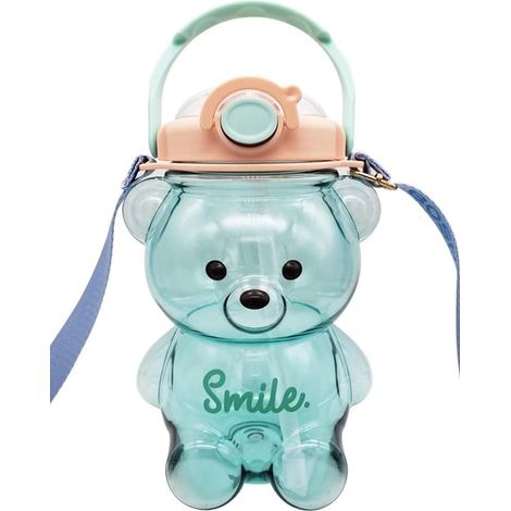 Gourde mignonne de 950 ml avec paille, motif ours, grande capacité, pour enfants (bleue) (1/5)
