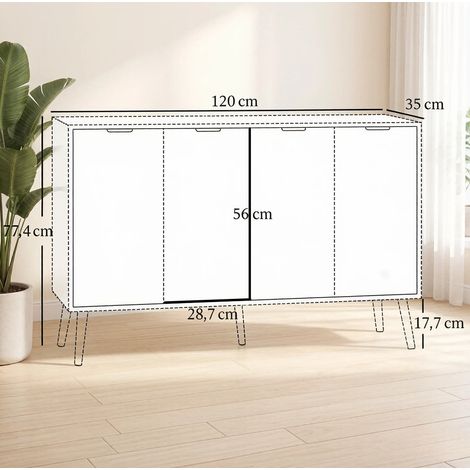 Buffet blanc en panneaux de particules avec 4 portes, 120 x 35 x 77,4 cm (1/5)