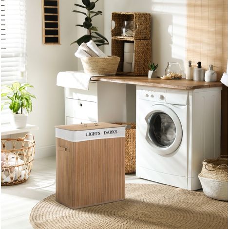 Panier à linge en bambou naturel 100 L avec couvercle et sac amovible 52x32x63 cm (1/5)