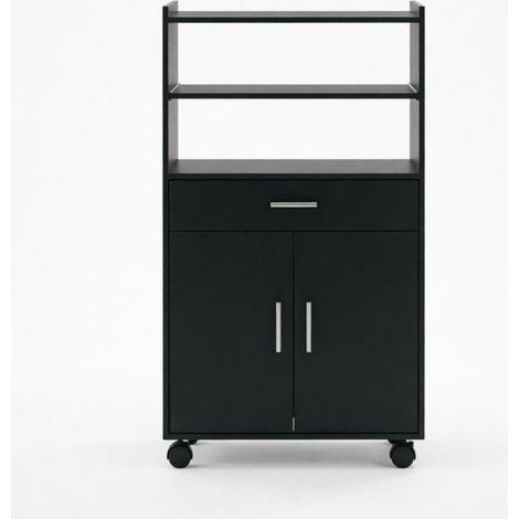 Carro de cocina para microondas con ruedas, cajón, armario y estante, MDF negro (1/5)