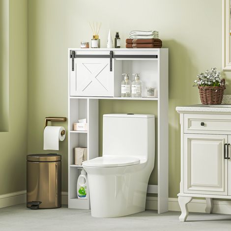 WC-Regal mit Schiebetür, verstellbarem Einlegeboden und Aufbewahrungsmöglichkeit über der Toilette, weiß