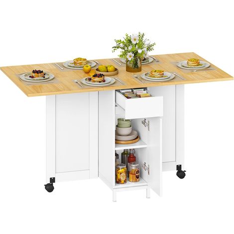 Table à Manger Pliante, avec Roues, Table de Cuisine rectangulaire Extensible et Pliante, avec des tiroirs et des étagères Ouvertes, Convient aux Petits espaces,Blanc-chêne