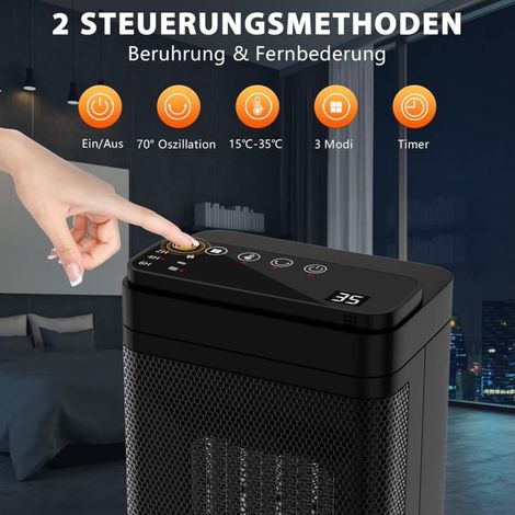 Termoventilatore elettrico da 1500 W con tecnologia PTC, 3 modalità di funzionamento, telecomando e protezione contro il surriscaldamento, con timer, ideale per soggiorno, camera da letto e ufficio. (1/3)