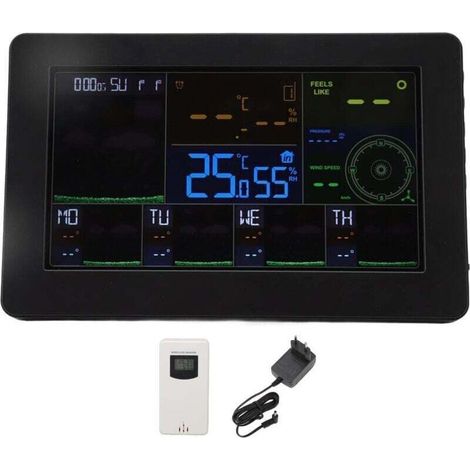 Station Météo, ABS Automatique sans Fil Intérieur Extérieur Thermomètre Affichage Couleur Réveil Numérique avec Station de Prévision WIFI avec Rétroéclairage Réglable pour la(EU PLUG)