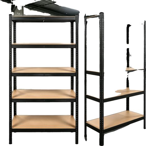 Regaleinheiten, Schwerlastmetall, Höhenverstellbare Regalböden, 2 Pack 1.8m Schwarz 90x40cm (1/2)