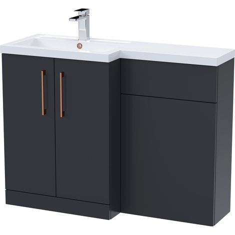 Balterley Left-Hand Bathroom Vanity and WC Unit Combination with Basin - 1100mm - Satin Dark Grey with Copper Handles (1/5)