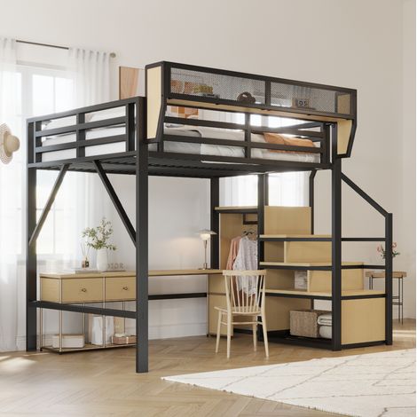 MEUBLIV Cama alta 140x200 cm negra – escalera de seguridad, almacenaje, sin colchón (1/5)