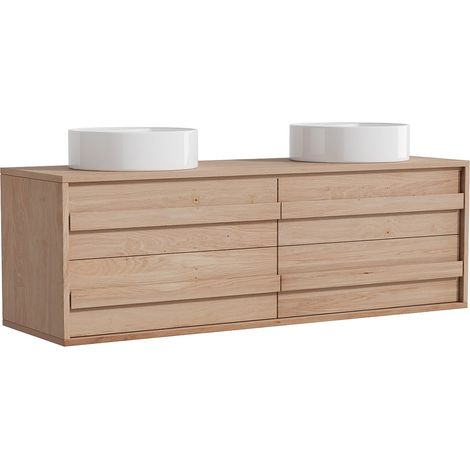 Meuble de salle de bain suspendu en chêne massif avec vasque à poser ronde - Naturel clair - 150 cm - SARLO (1/4)