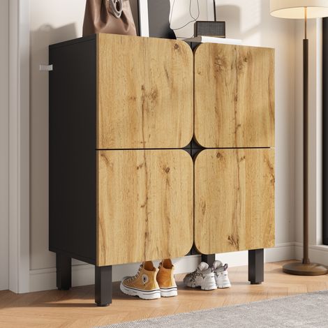 Meuble à Chaussures 80x38,5x95 cm - 4 Portes avec Charnières Soft-Close - Buffet d'Entrée Design Moderne - Pieds en Métal -Naturel