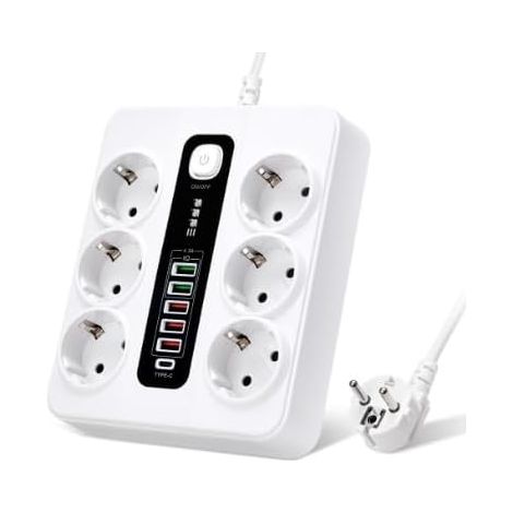 Regleta de 6 enchufes con puertos USB, regleta 12 en 1 con 5 puertos USB-A y 1 puerto USB-C, con interruptor, cable alargador de 2 m, 3000 W, regleta para oficina y hogar (1/5)