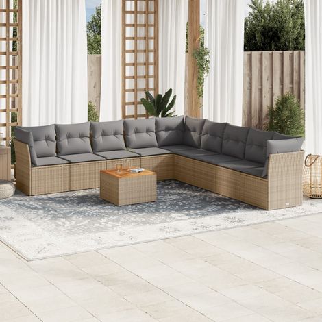 Ensemble Salon Jardin 10 Places Résine Tressée Beige avec Coussins Gris - Table Acacia et Mobilier Modulaire Extérieur (1/3)