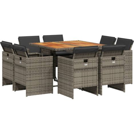 Set comedor jardín 9 pzas y cojines ratán sintético gris vidaXL (1/5)