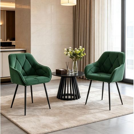 Chaises de salle à manger modernes en velours vert foncé, lot de 2, avec accoudoirs (1/5)