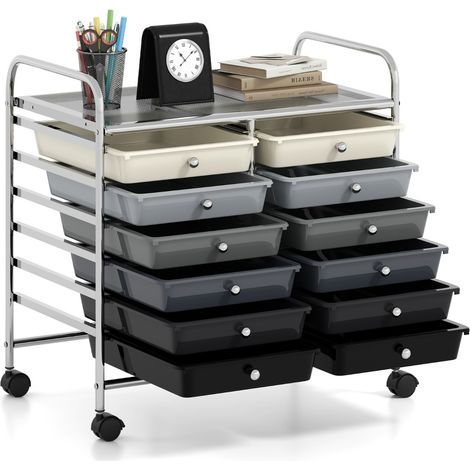 Carrello portaoggetti con 12 cassetti e ampio piano di lavoro Cassettiera con 4 ruote Grigio Sfumato (1/4)