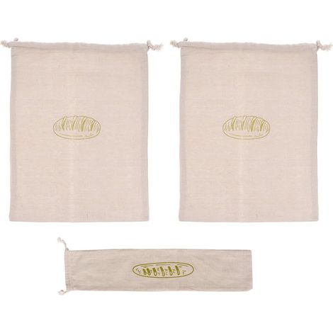 and Easy to Carry Bread Bags with Drawstring Set of 3 Linen