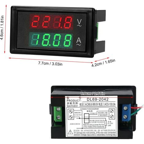 1 Voltmètre-ampèremètre, AC 80-300 V / 0-100 A, double affichage LED, avec transformateur de courant intégré, pour tableau électrique (1/5)