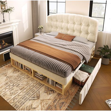 Erwachsenenbett 140x200 cm mit verstellbarem Kopfteil und Schubladen, in Veloursbeige, ohne Matratze (1/5)