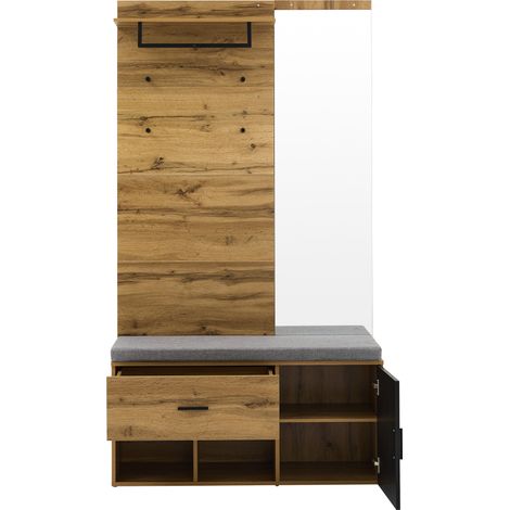 Mueble recibidor efecto roble con espejo, zapatero, banco acolchado y ganchos 190 cm (1/5)