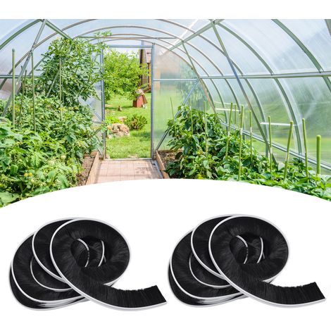 Set aus 2 UV- und wasserbeständigen Bürstenklebestreifen, verstellbare Länge (4 m), für Gewächshausglastüren. (1/5)