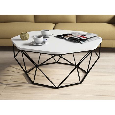 Table basse octogonale bois blanc et pieds acier noir Diva 90cm (1/4)