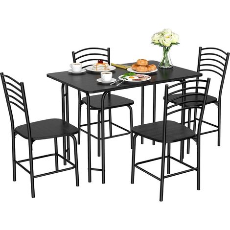 5 teiliges esstisch set rechteckiger kuchentisch mit 4 stuhle essgruppe metallrahmen sitzgruppe esszimmertisch 4 personen platzsparend schwarz
