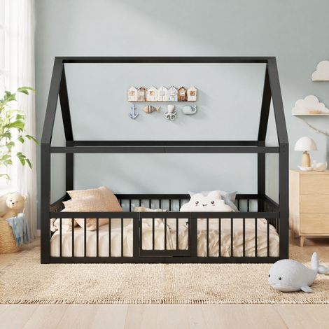 Lit 140x200 métal avec barrières et toit noir OKMYHOME (1/5)