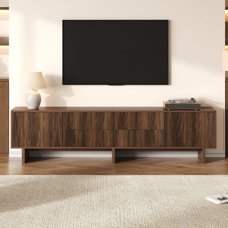 Meuble TV noyer foncé 180x40x56 cm, 4 tiroirs, 2 portes, design ondulé, meuble bas salon, support TV jusqu'à 75 pouces, rangement élégant. (1/5)