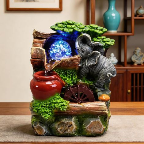 Fontaine De Salle Cascade d'Intérieur avec Boule Roulante en Polyrésine - Éléphant Roche pour Table de Jardin à Eau 23x18x13cm (1/5)