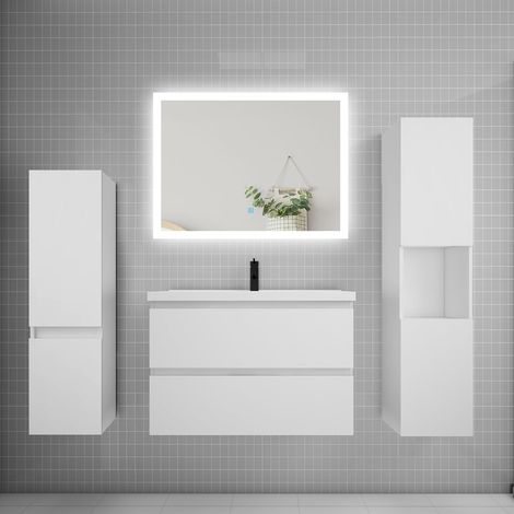 Ensemble meuble de salle de bains 80cm, simple vasque et colonne et LED miroir rectangulaire,blanc