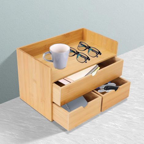 Bambus-Arbeitsflächenspeicher mit drei Schubladen, Schubladenorganisator, Büro-Speicherdose, Schubladenbox, naturfarben, 30 x 19 x 20 cm (1/5)